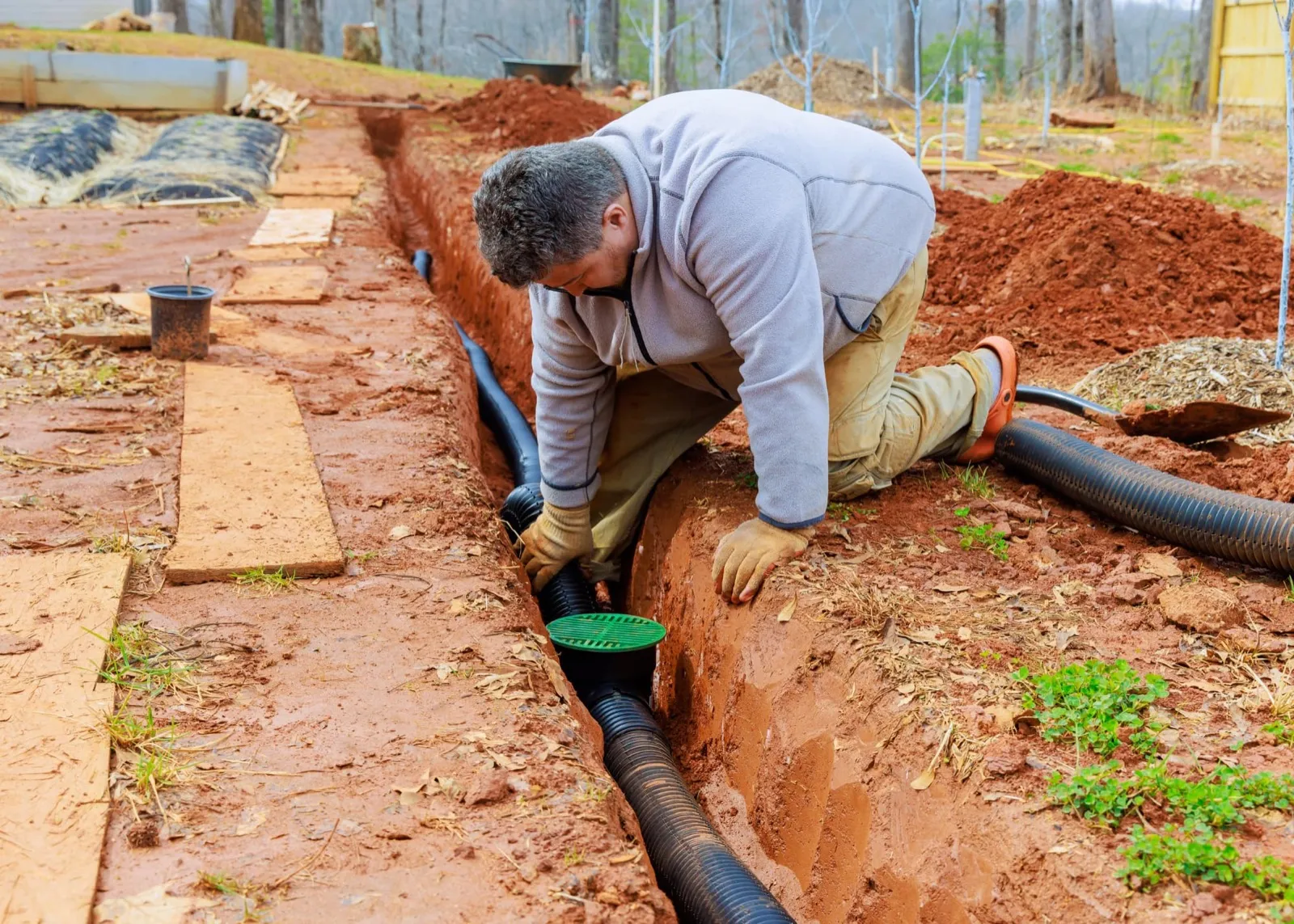 Perforated drainage pipe set in a gravel trench