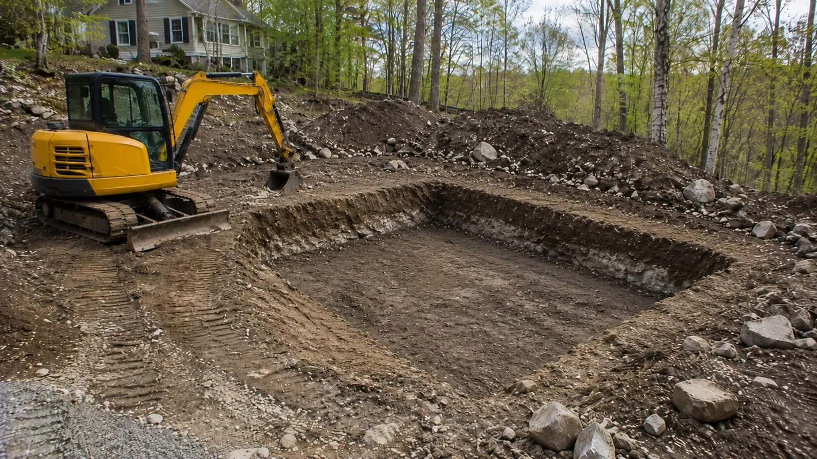 Compact excavator working a sloped homesite
