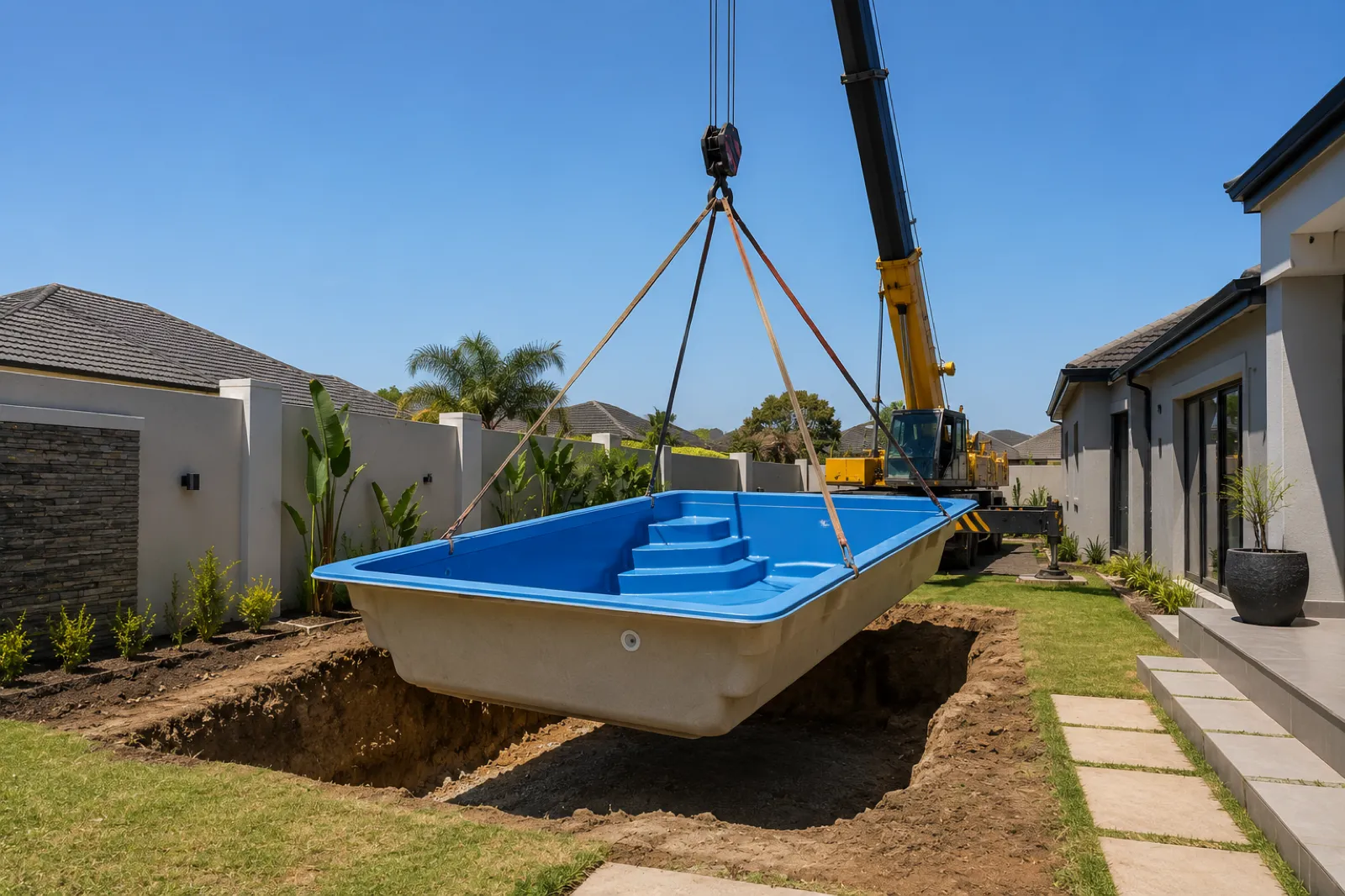 Pool shell set and braced in a backyard dig